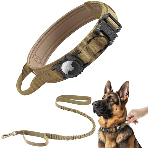 Tactical AirTag Dog Collar Leash Set (XL(19.5"-25") / Brown-SET)